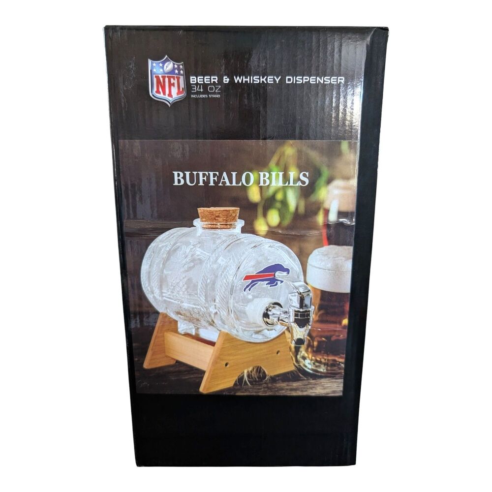 Buffalo Bills NFL Beer & Whiskey Barrel Dispenser With Stand 34 oz NEW 🦬🦬🦬